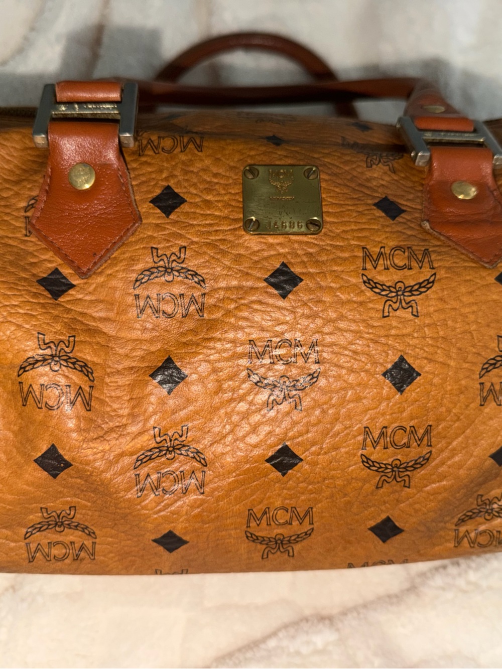 MCM Cognac/Tan Visetos Logo Satchel with Gold Hardware